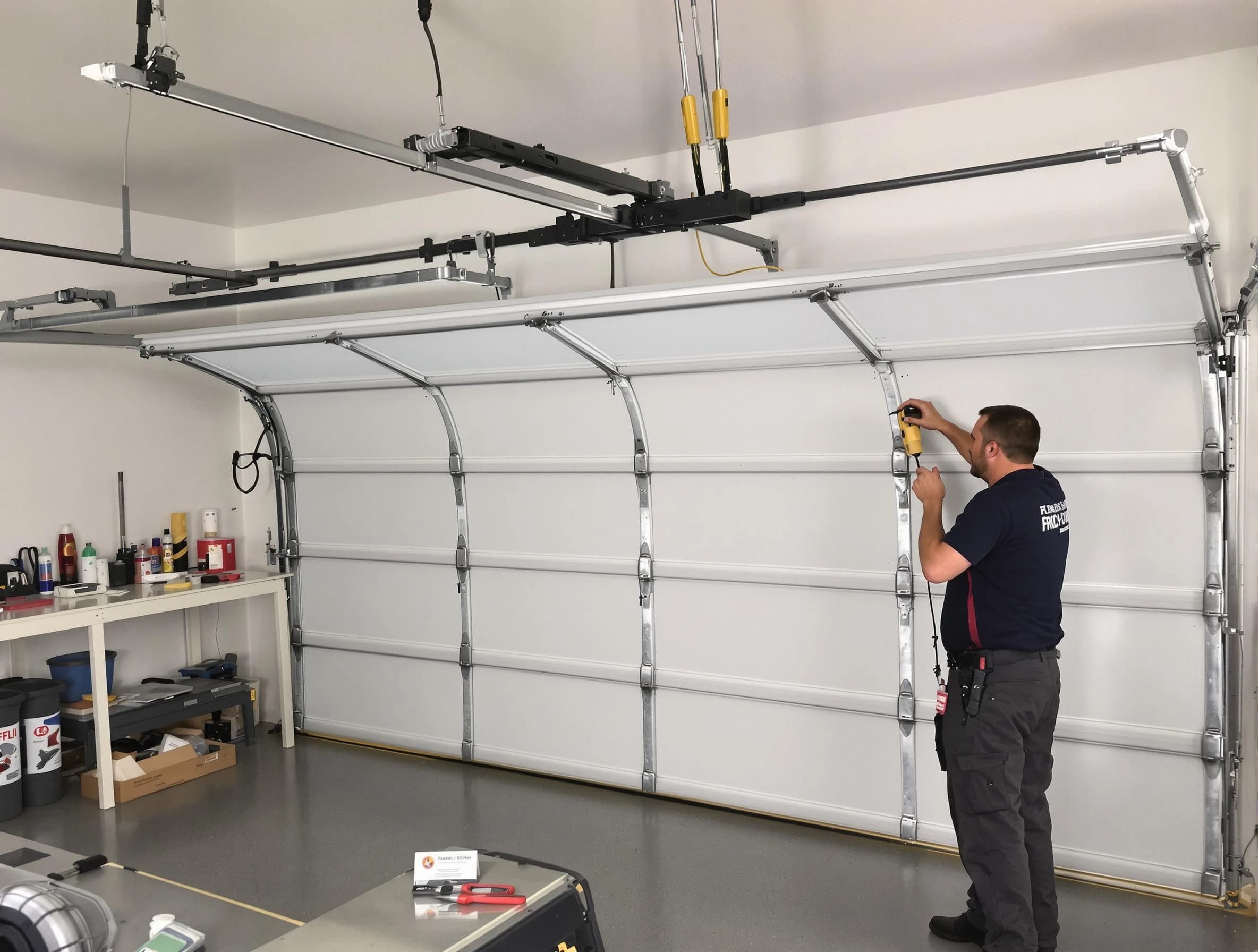 North Providence Garage Door Repair certified technician performing overhead door system repair in North Providence