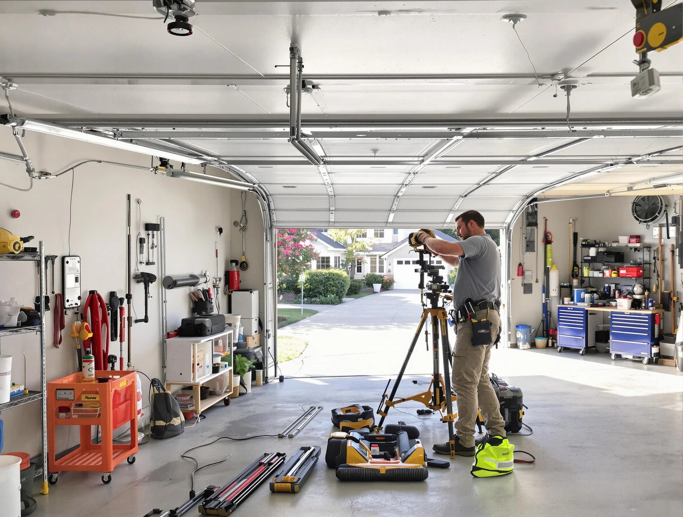North Providence Garage Door Repair specialist performing laser-guided track alignment in North Providence