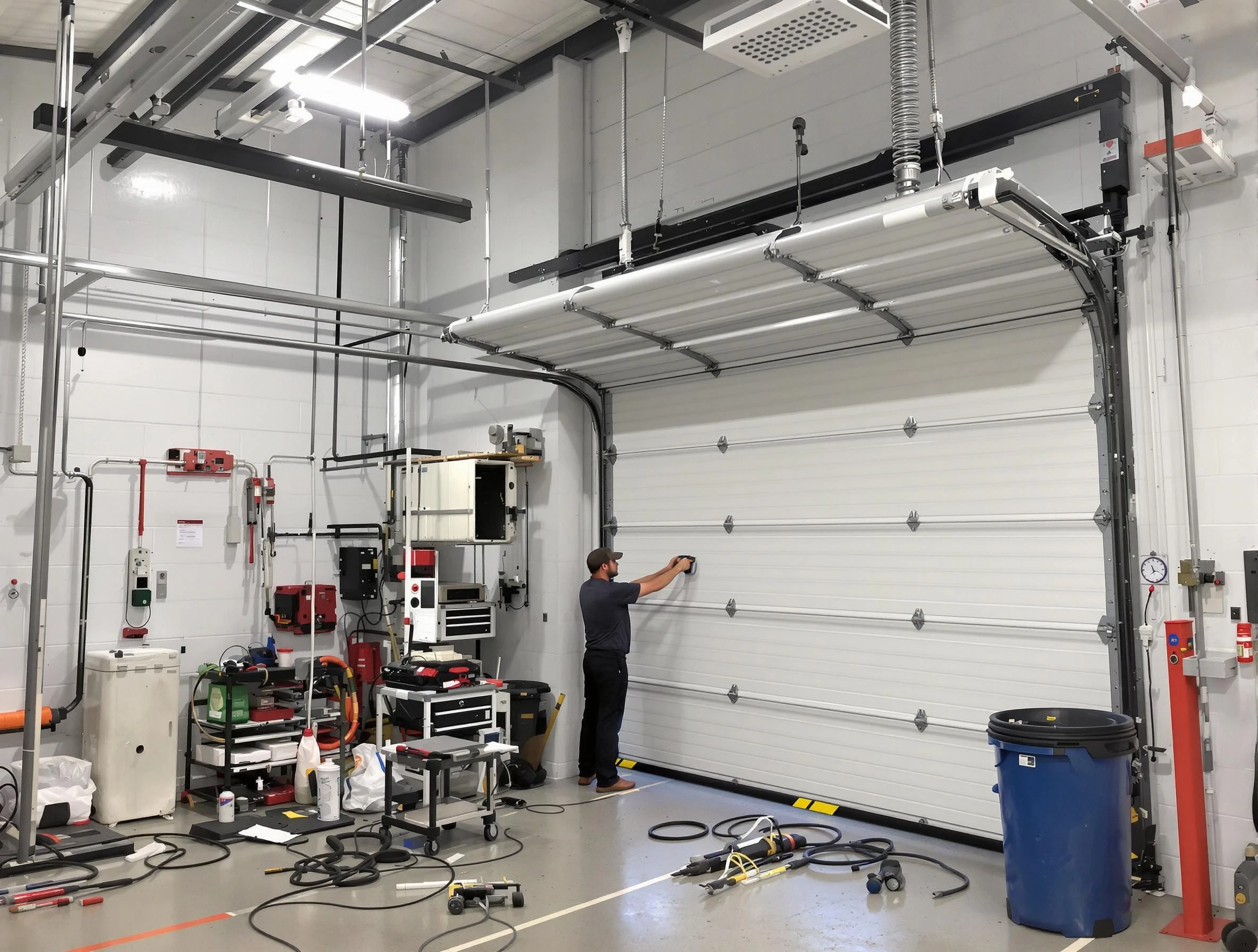 North Providence Garage Door Repair certified technician performing commercial door repair at a North Providence business facility